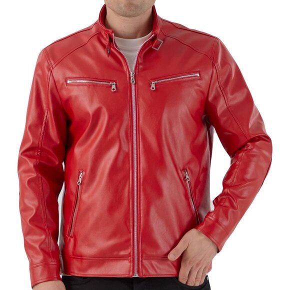 Men's Red Stand Collar Leather Motorcycle Lightweight Faux Leather Jacket - Picture 3 of 6